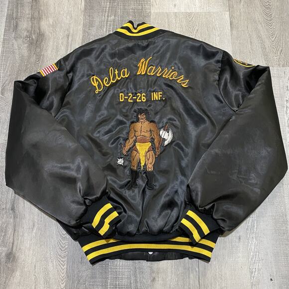 VTG 70s Black Quilted Delta Warriors 26th Infantry Division RARE Bomber Jacket